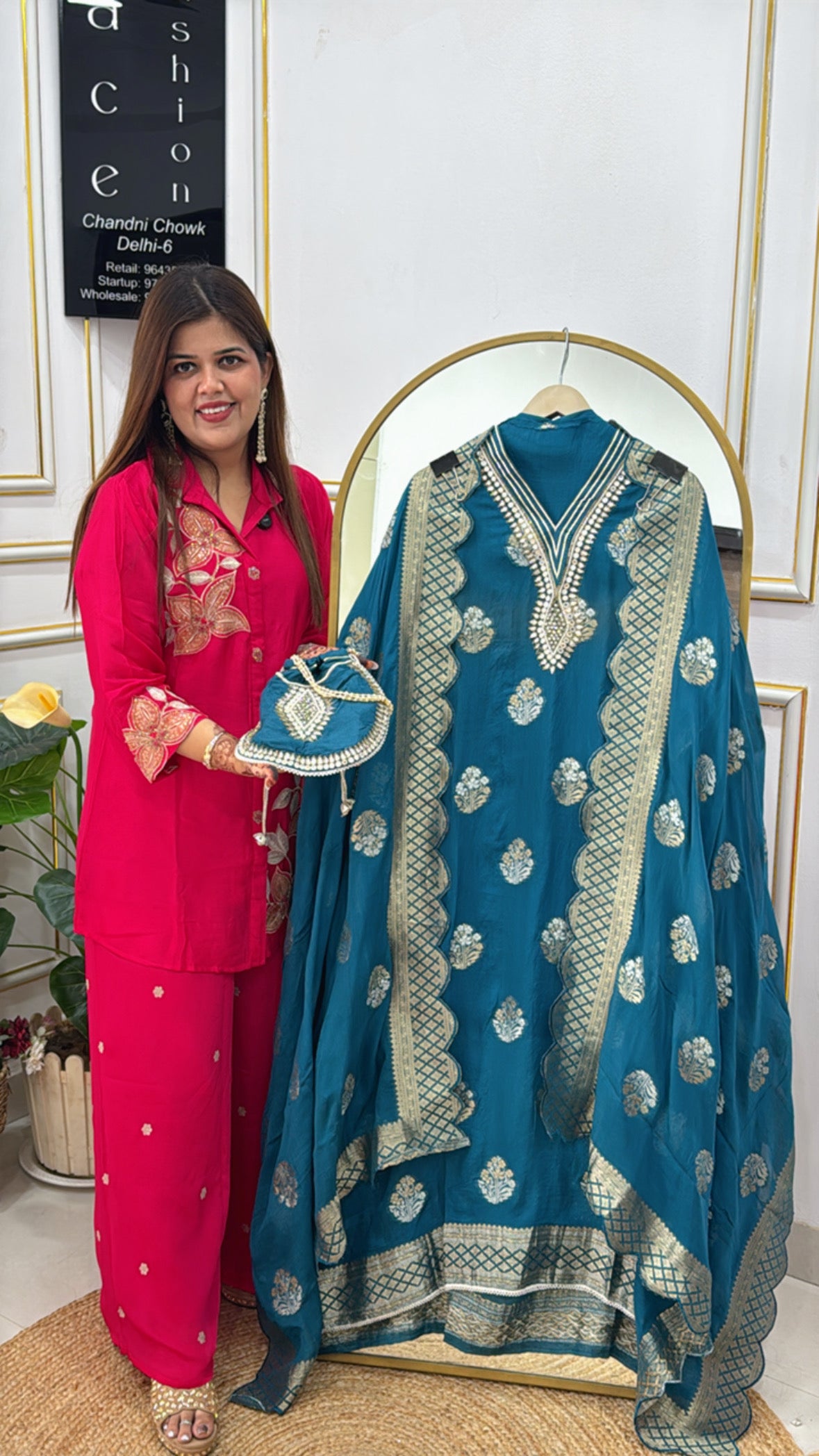 Festival Special Designer Silk Shirt with Weaved Banarasi Dupatta and Handwork Potli GF 286