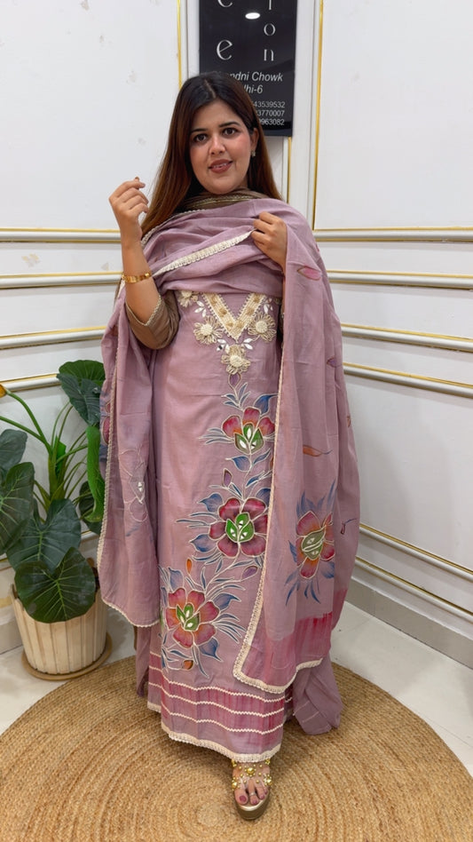 Summer pure and premium Mulmul suit material along with Dori work and hand painted work all over suit material. GF1153 Soft Pink