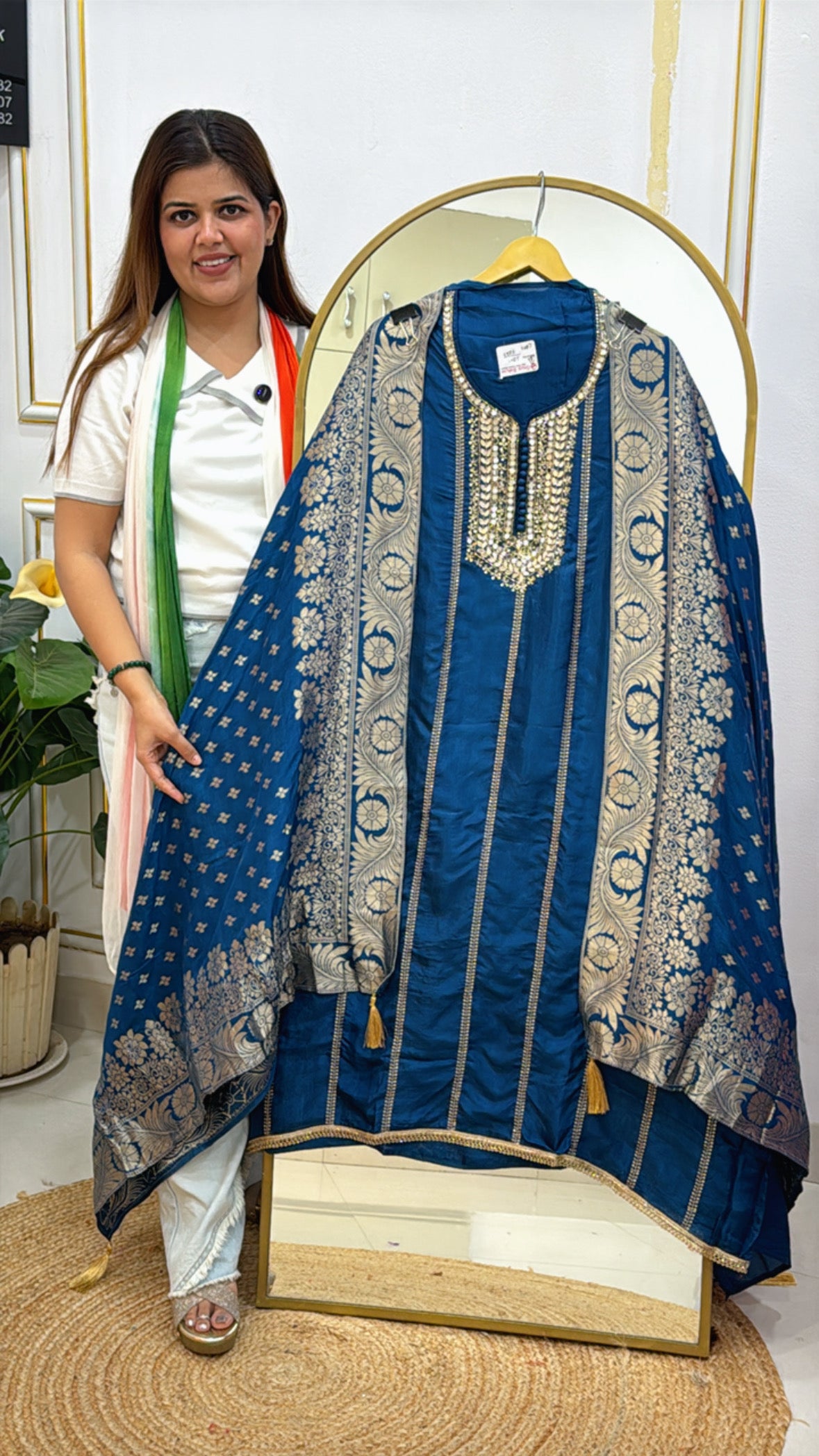 Pure Silk Zardozi Neck Suit with Weaved Banarasi Dupatta – Partywear Elegance GF 469