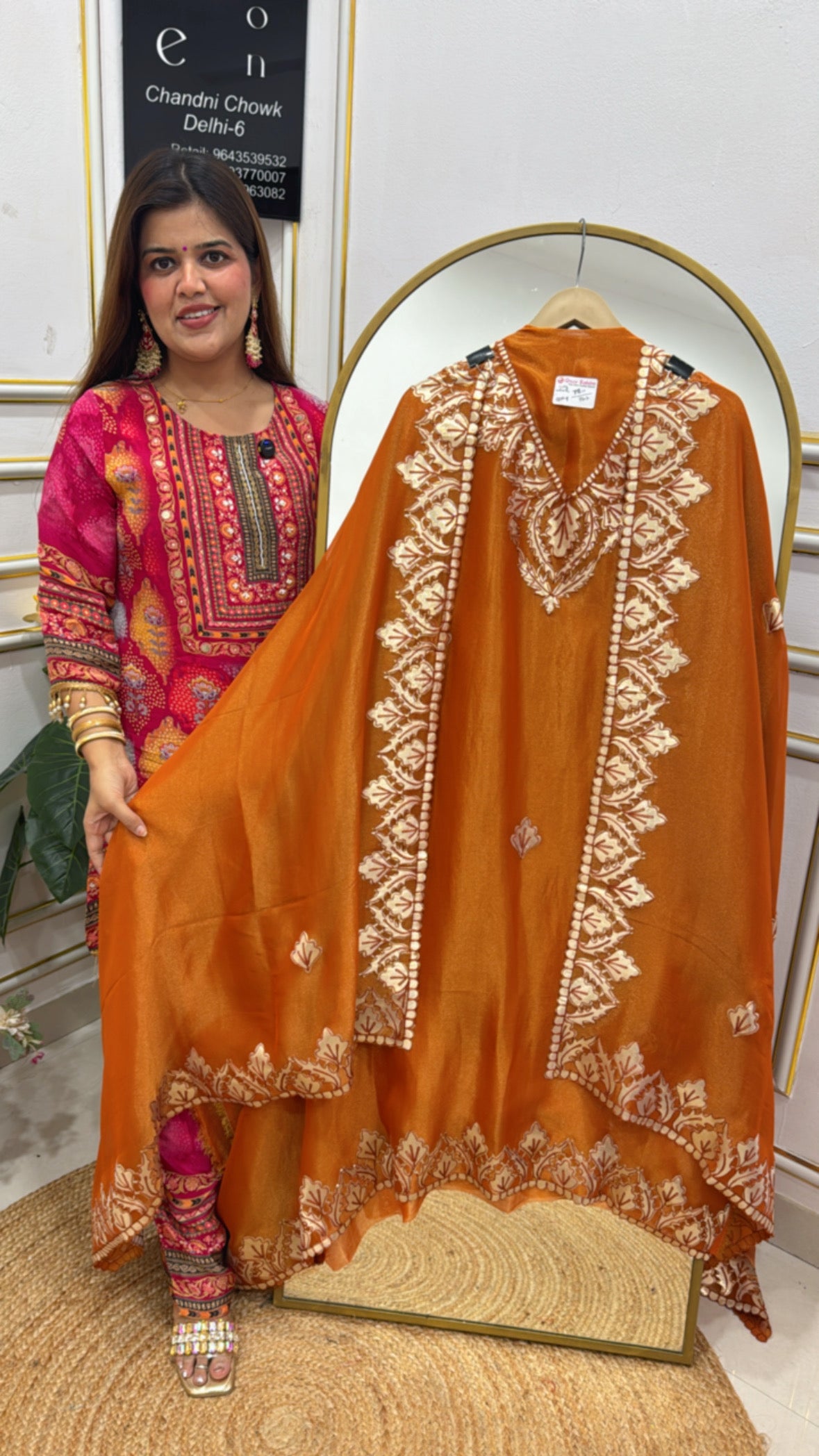 Elegant light weighted laser applique work detailing premium shimmer silk suit material with all over applique detailing  GF635