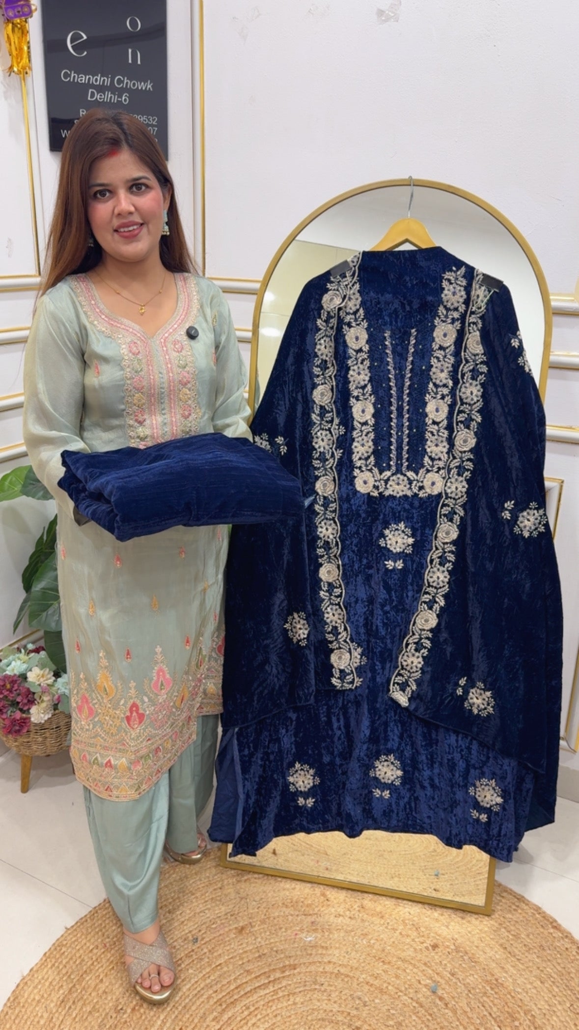 Winter special premium crushed velvet suit material ,velvet shirt with full embroidery and embellishments along with full length embroidery dupatta and premium crushed bottom GF772