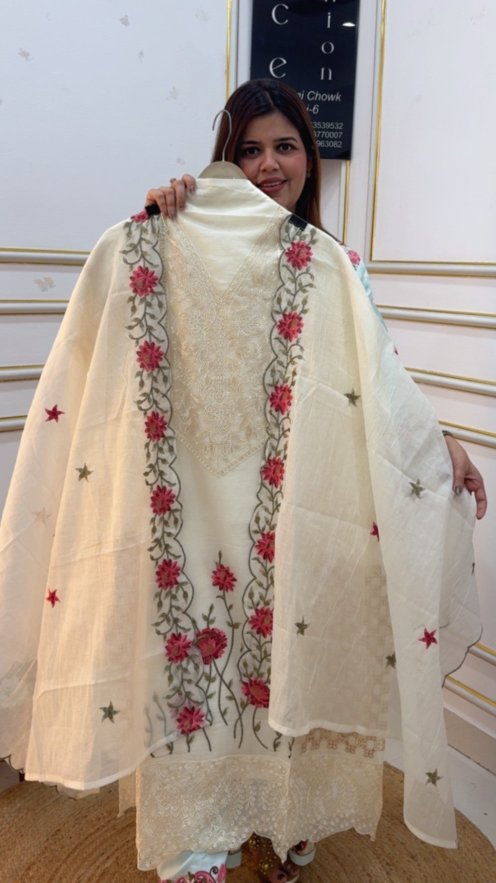Pure Mul Mul beautiful embroidery neck work full designer concept suit material along with scalped dupatta GF1065 Ivory Off white
