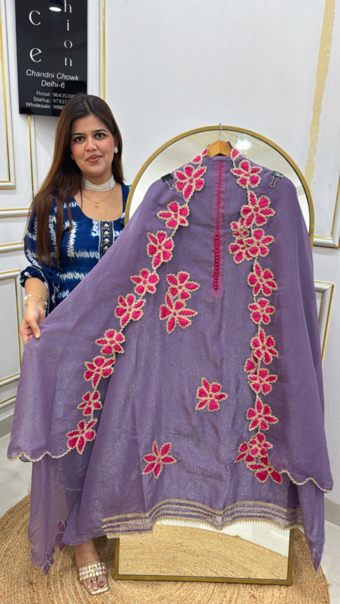 Elegant and designer pure crushed shimmer silk suit material along with cutwork scalp detailing all over shirt and dupatta GF572