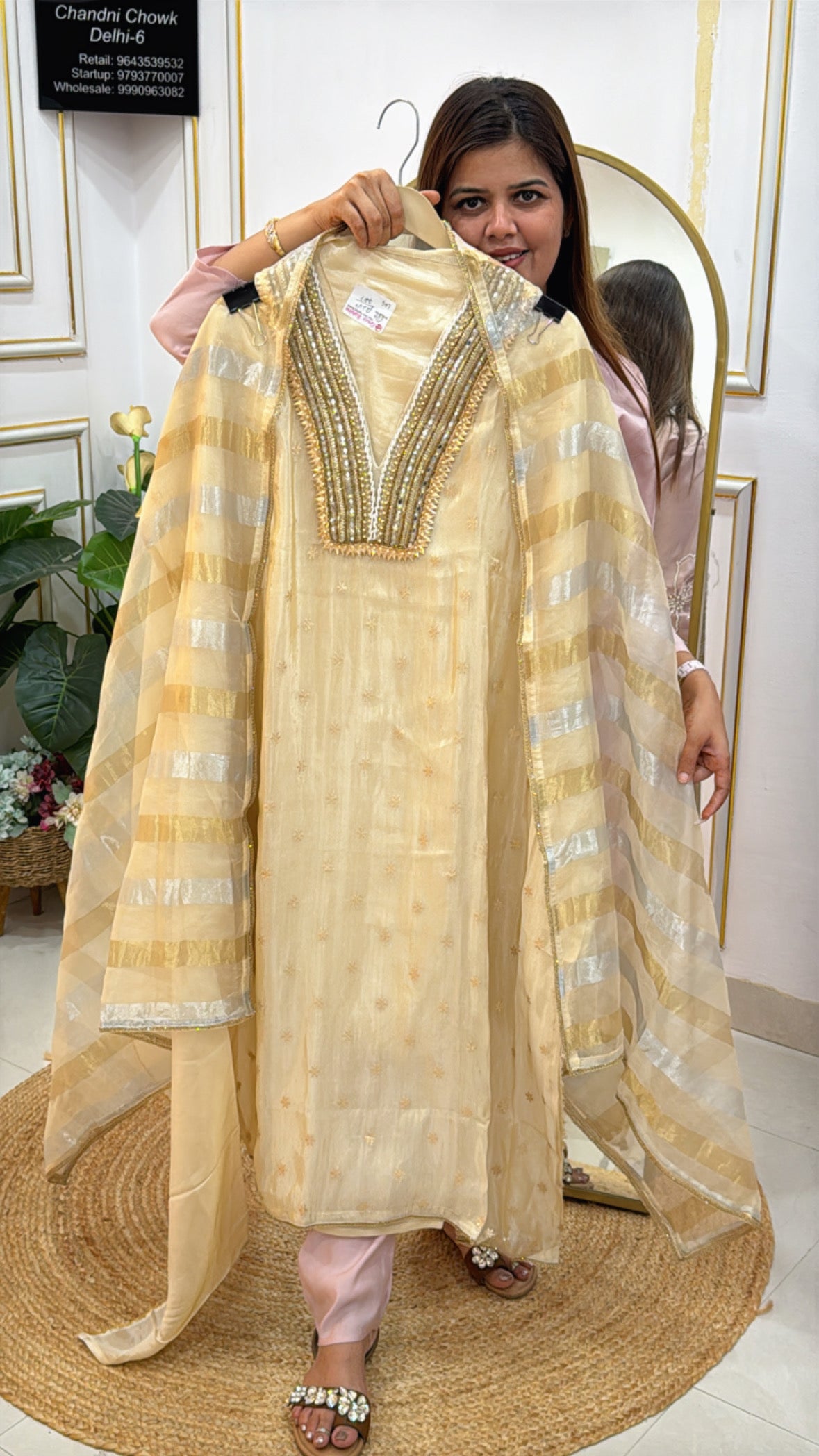 Designer Handwork Neck on Pure Ivory Burberry Silk with Gold Ivory Organza Dupatta GF 462