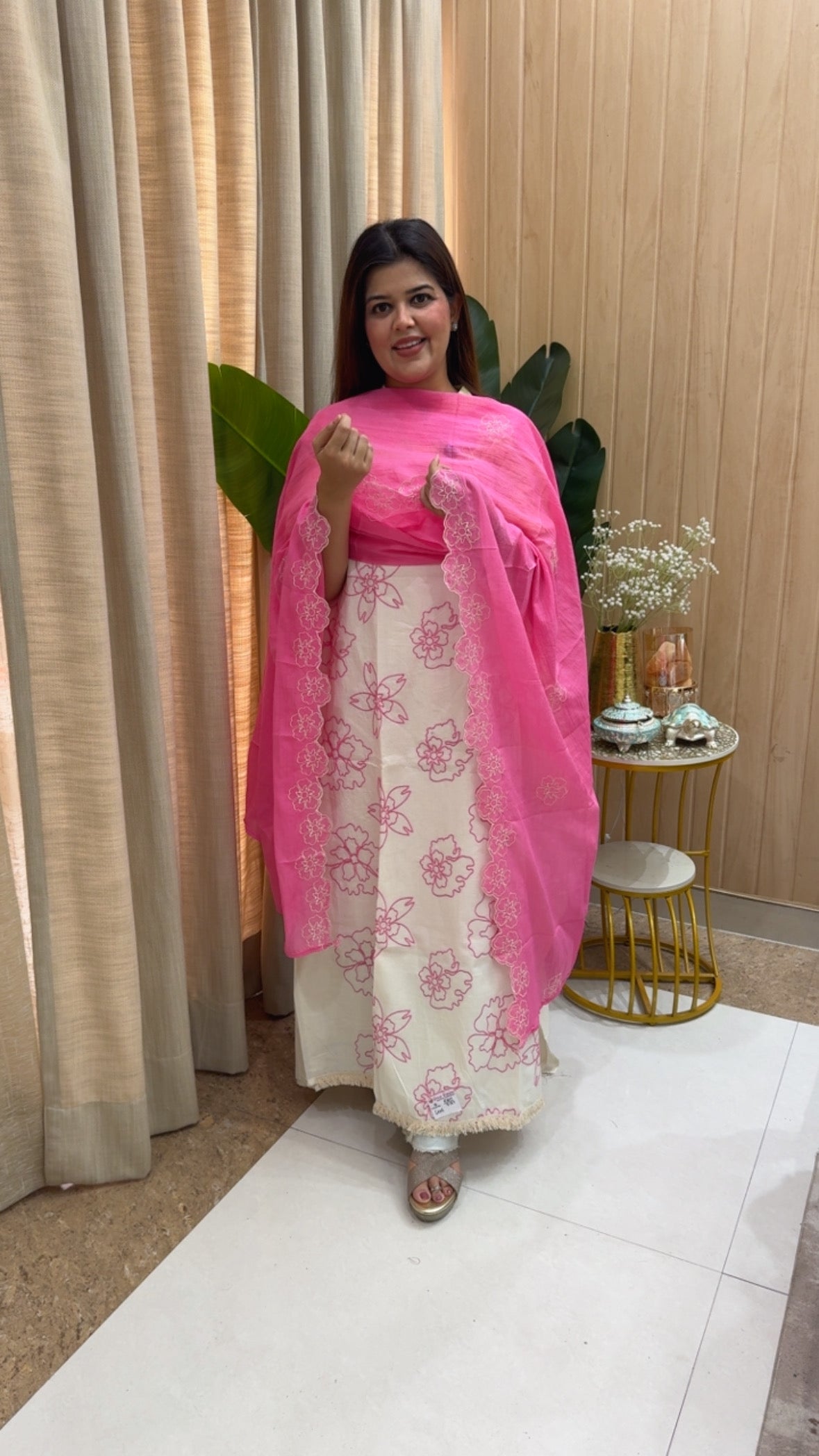 Summer special pure cotton polka style applique embroidery suit material with embroidery dupatta GF1176 Pink and White