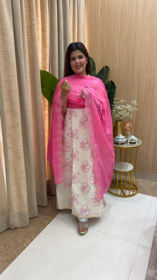 Summer special pure cotton polka style applique embroidery suit material with embroidery dupatta GF1176 Pink and White