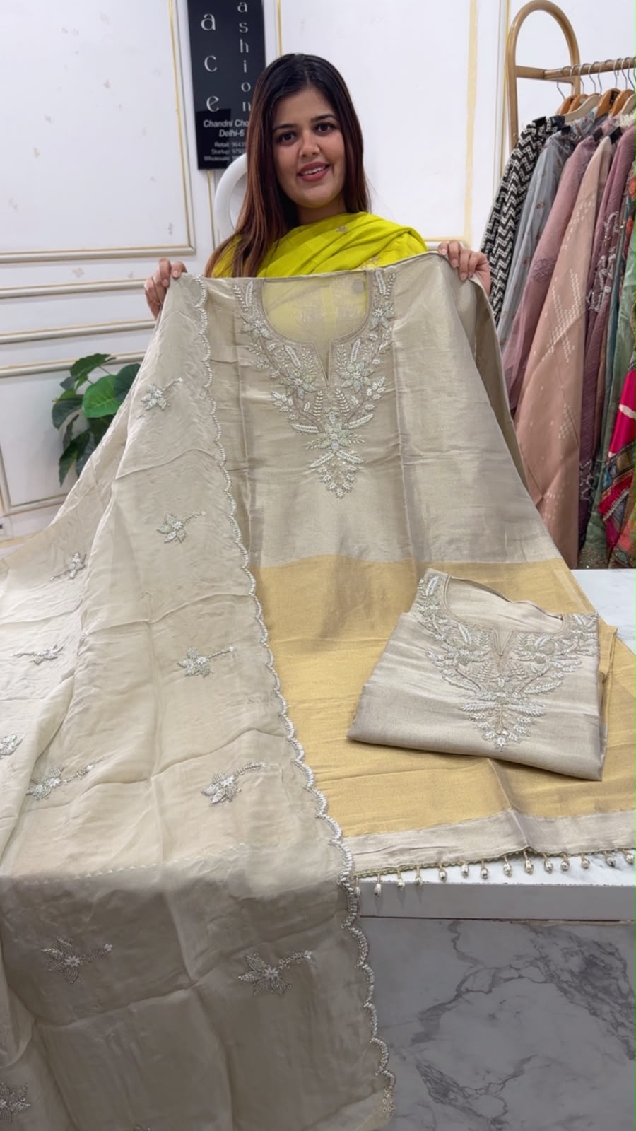 Pure shimmer silk silver gold concept designer handwork premium quality suit material with handwork premium duapatta GF1206