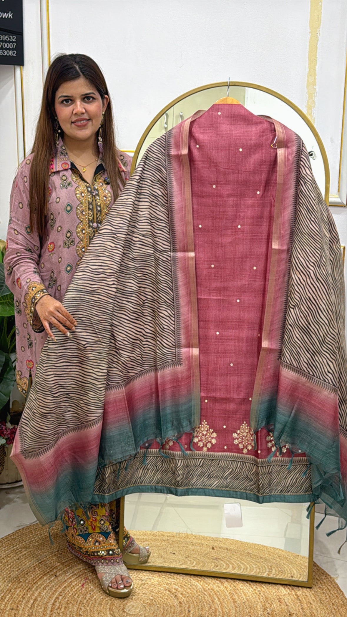 Unique Smart Pure Tussar Silk Shirt Material with Premium Peeta Work &amp; Digital Printed Tussar Dupatta GF 436