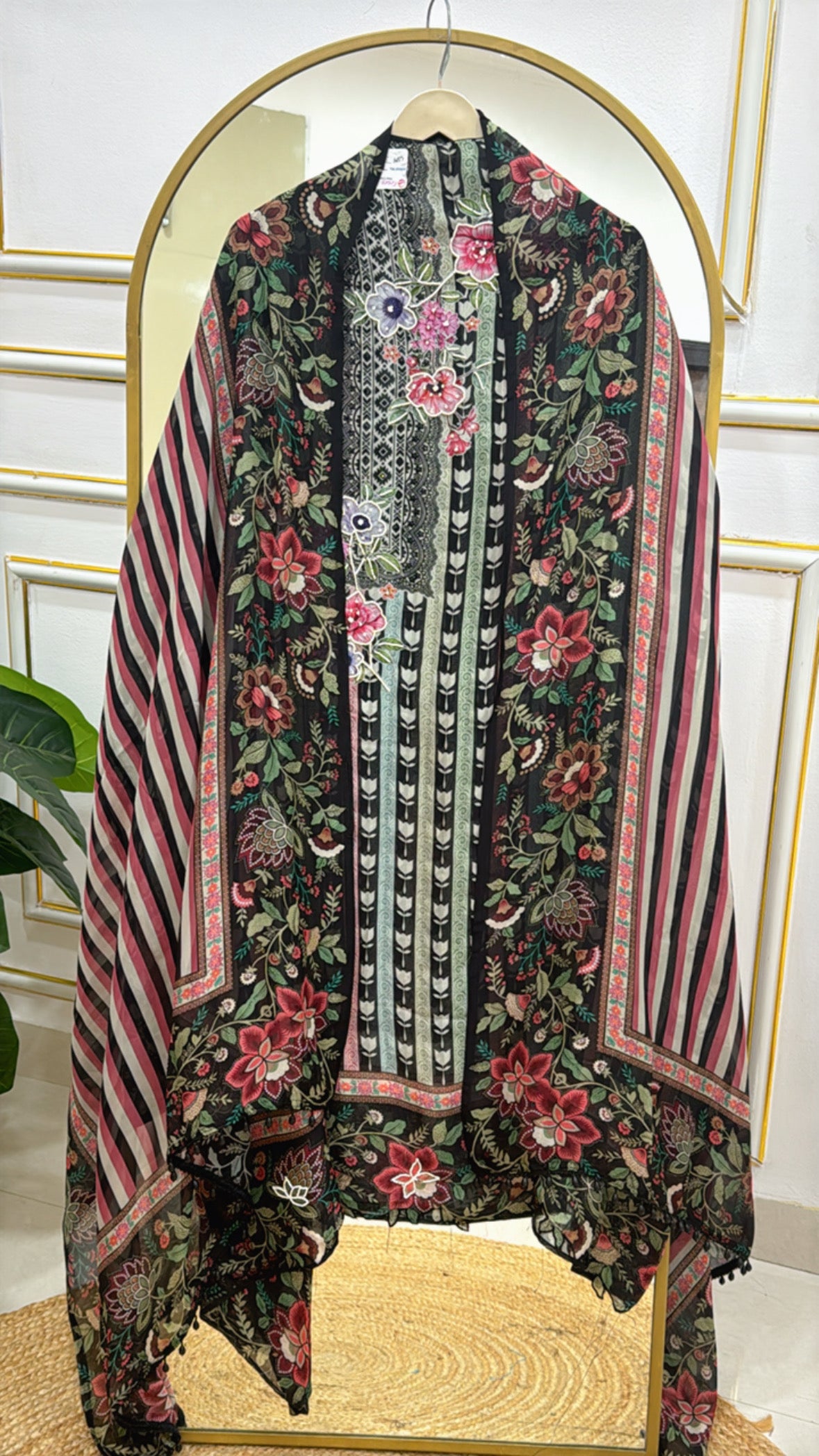 Premium Printed Organza Suit with Striped Dupatta GF 340