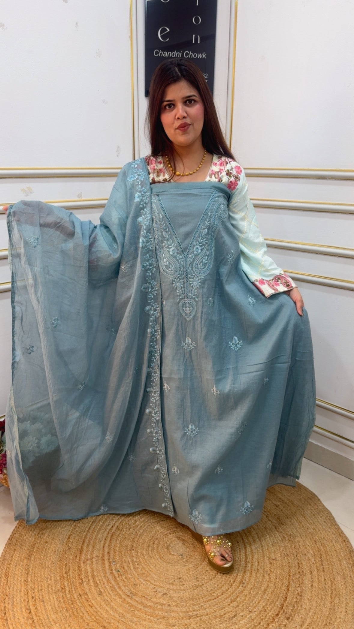 Ultra premium Mul Mul pure and elegant suit material with tone to tone embroidery all over suit material and embroidery dupatta GF1066 Vintage Slate Blue