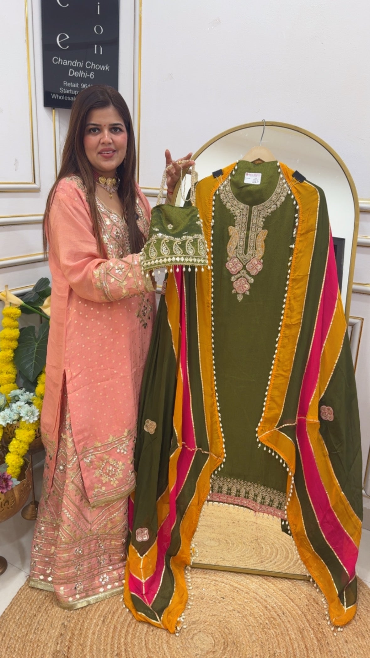 Wedding special premium shimmer silk suit material with deigner organza multi colour dupatta premium neck work with potli GF692