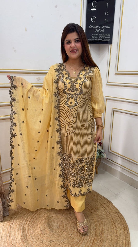 Super premium and classy Mul Mul full embroidery suit material along with pure Mul Mul designer super soft duapatta GF1131 Yellow