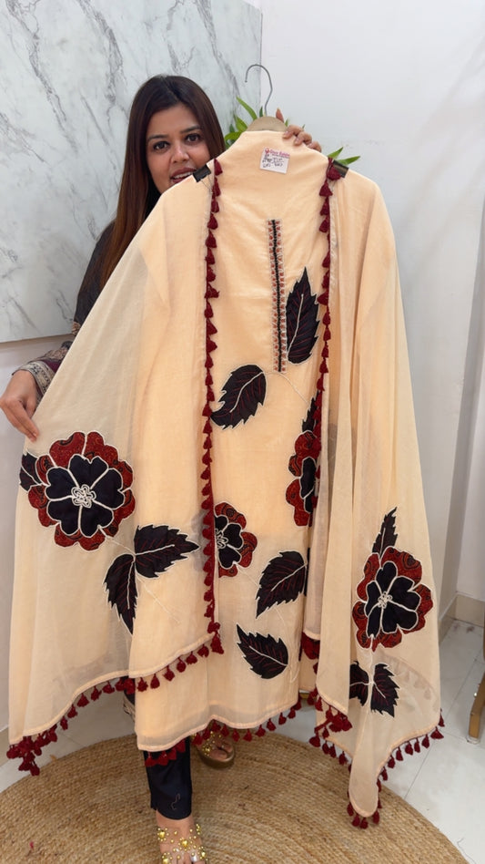 Pure Mul Mul very unique all over applique work designer suit material with Mul Mul applique work dupatta GF1019 Beige