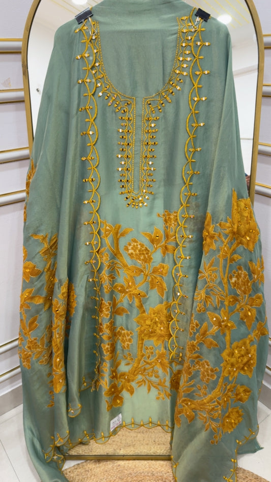 Premium Royal pure shimmer silk laser applique work detailing unique mirror work suit material GF1011 Green