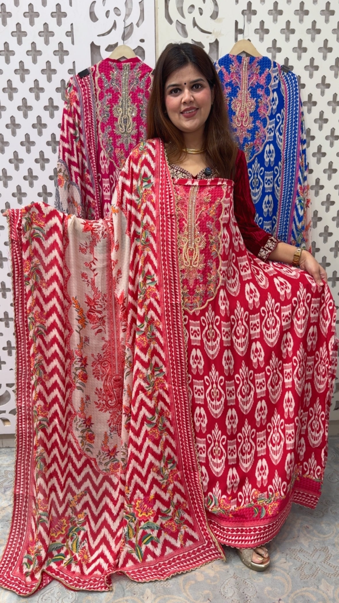 Royal and premium pure crape silk digital printed full Royal handwork suit material along with Chinnon silk digital highlighted dupatta GF862