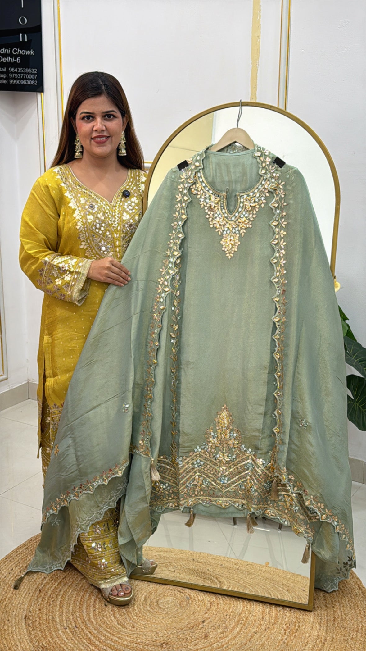 Hot seller designer shimmer tissue suit with allover manual gota work & elegant ghera detailing – perfect festive & partywear choice. GF 481