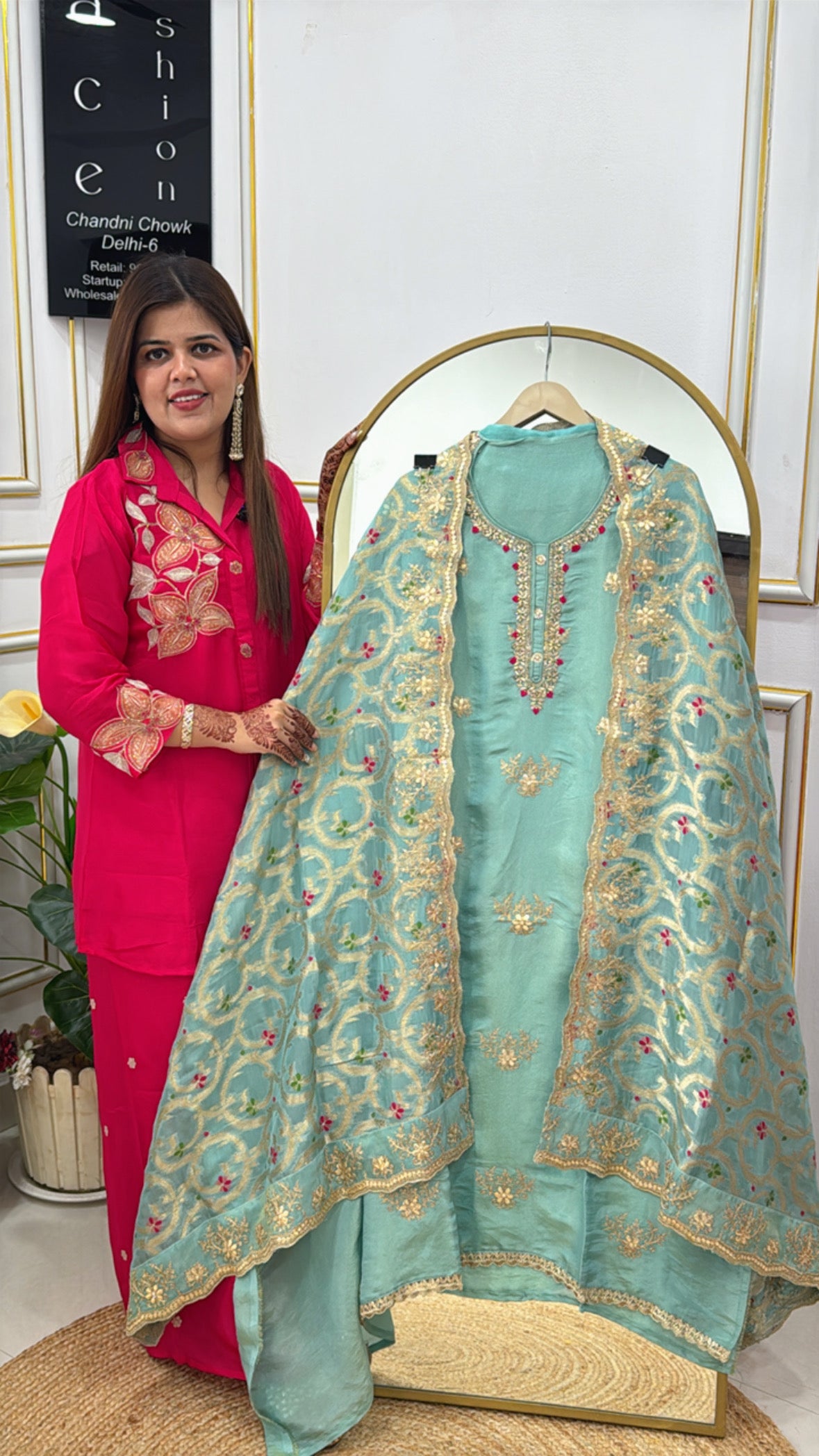 Premium Designer Silk Suit Material with Handwork Neck &amp; Weaved Dupatta GF 283