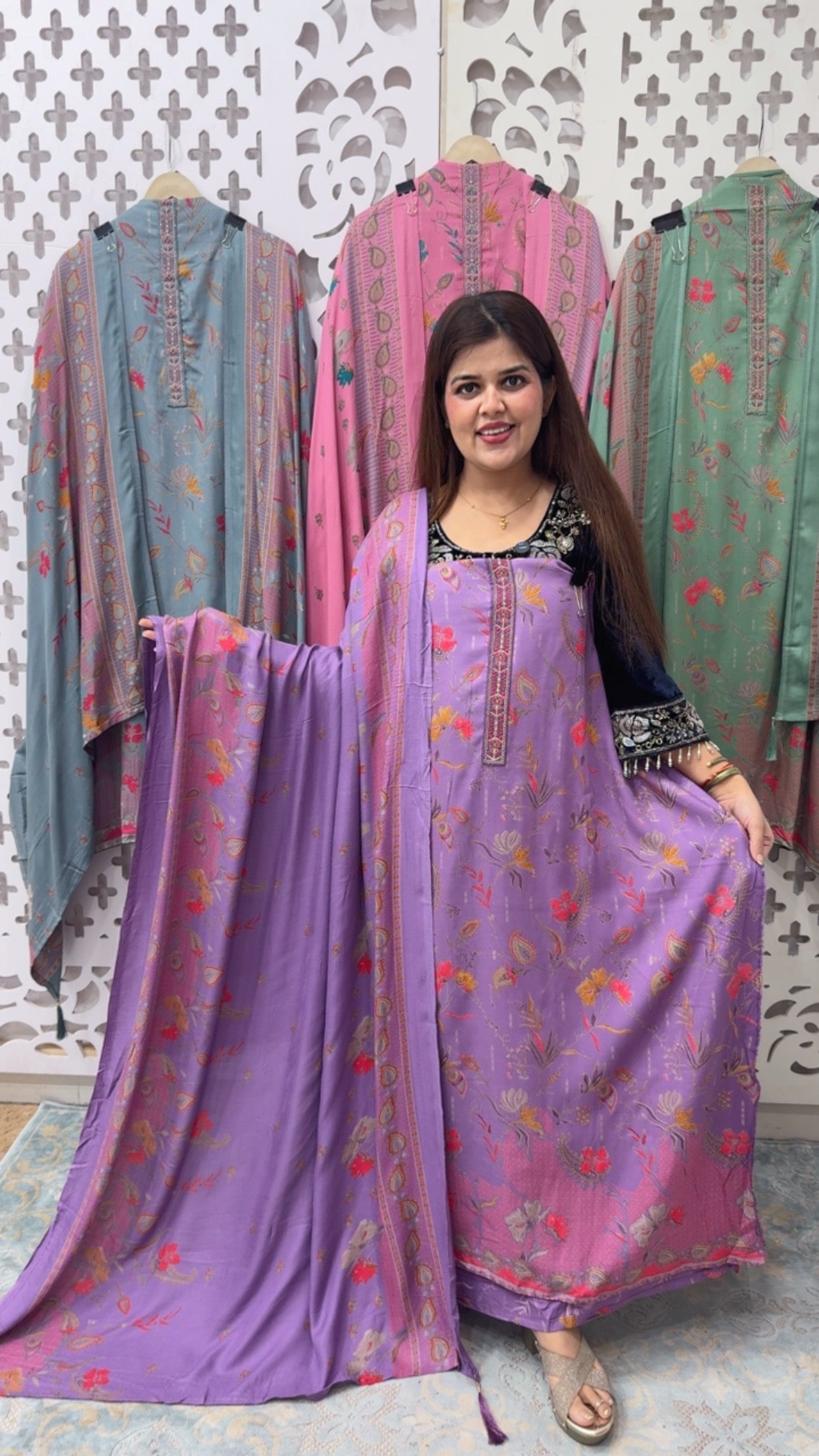 Winter special delightful printed soft pashmina suit material with pashmina shawls and pashmina bottom GF814