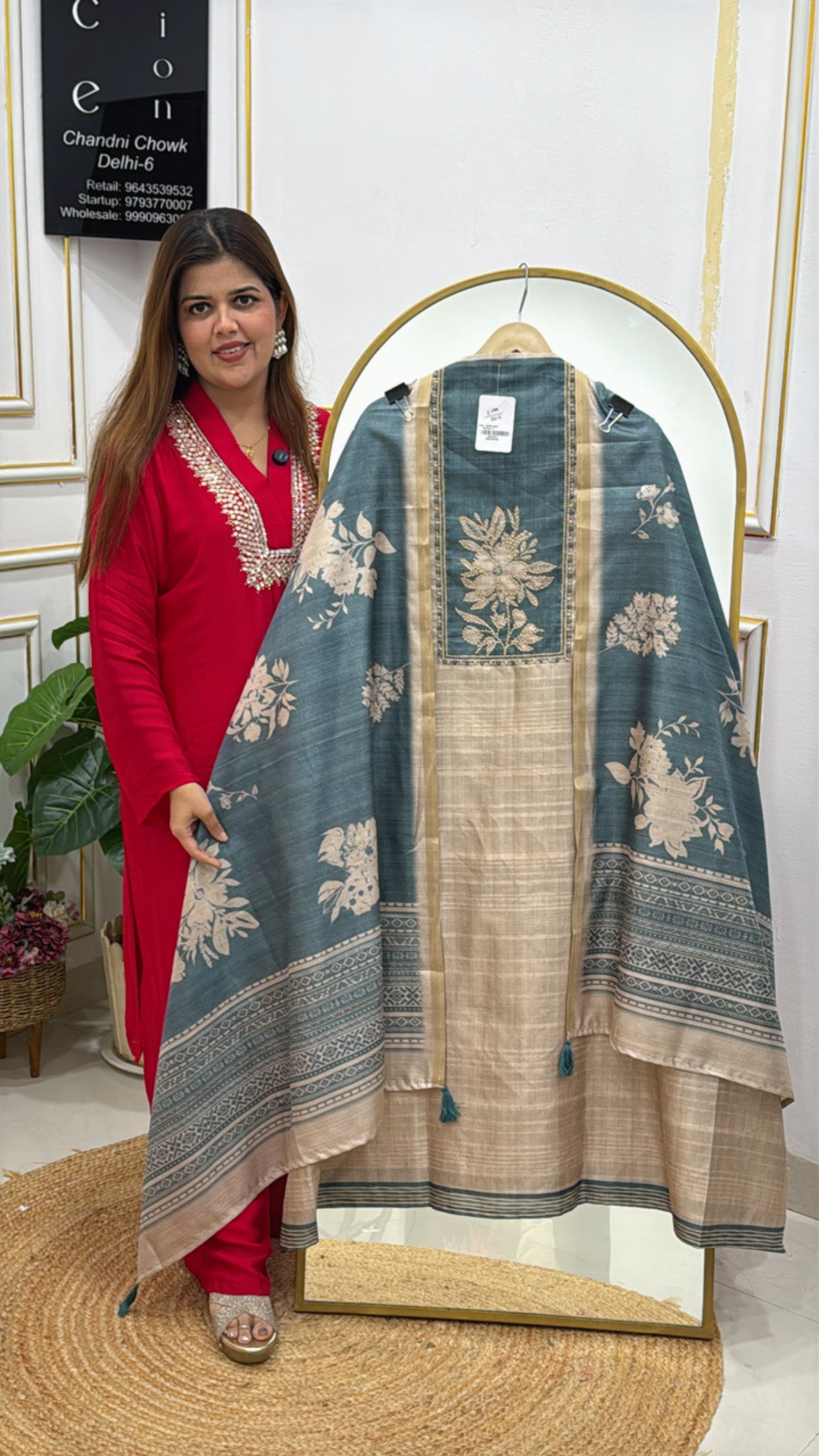 Elegant Pure Soft Tusser Silk Shirt with Embroidered Neck &amp; Tusser Silk Dupatta GF 522