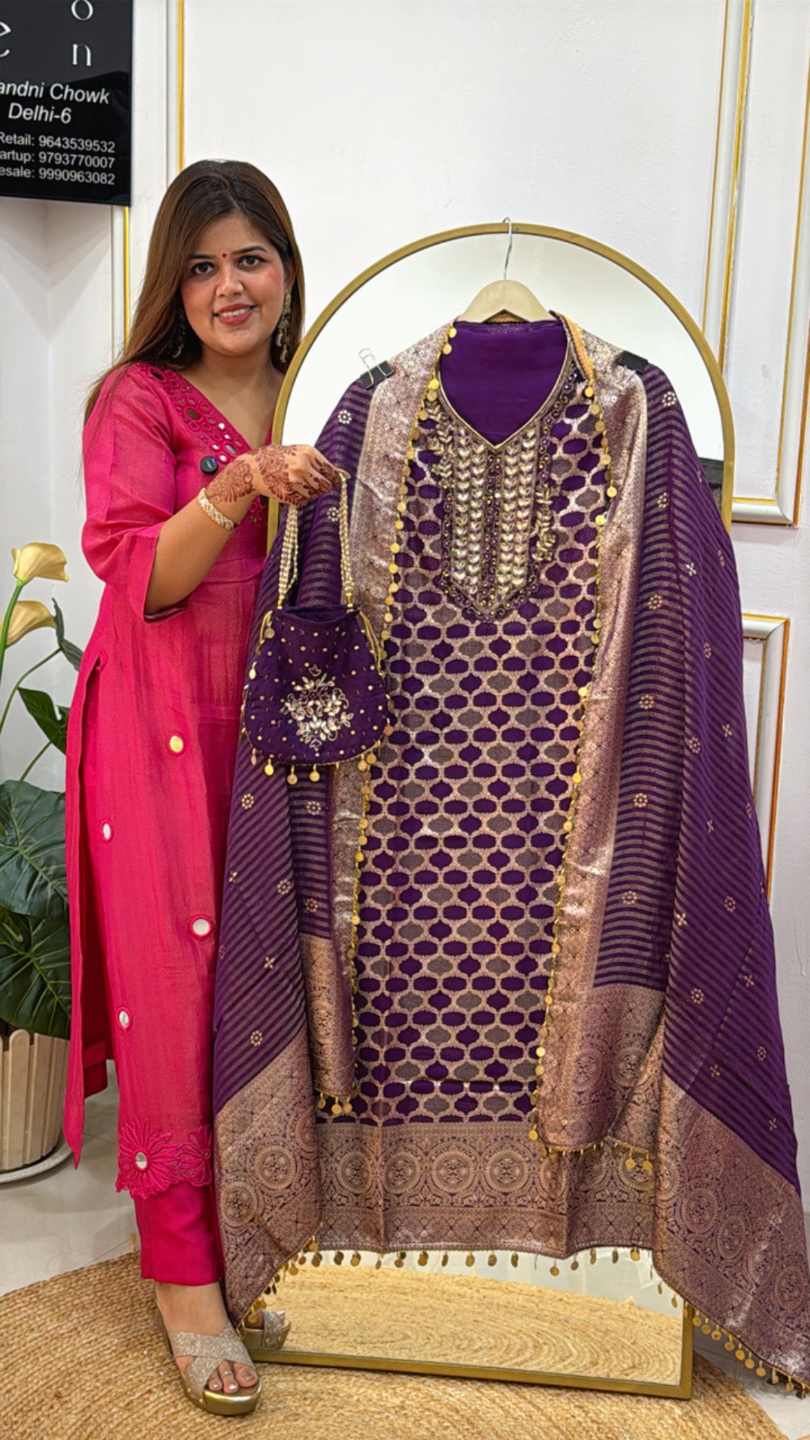 Festival Special Designer Silk Suit Material with Weaved Banarasi Dupatta &amp; Complimentary Potli GF 379