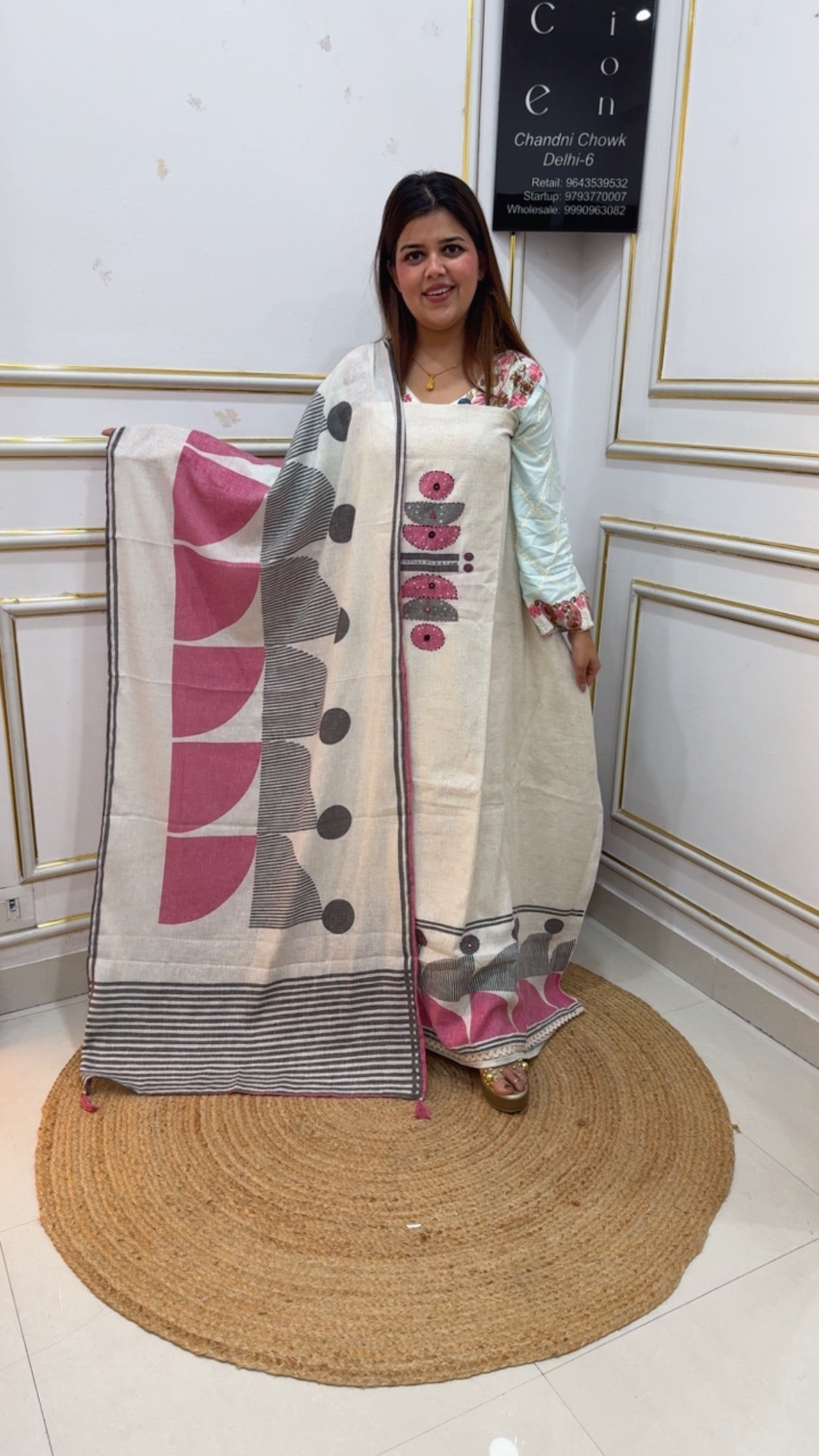 Pure cotton khadi linen printed designer suit material along with beautiful abstract printed dupatta GF1130 IVORY WITH PINK
