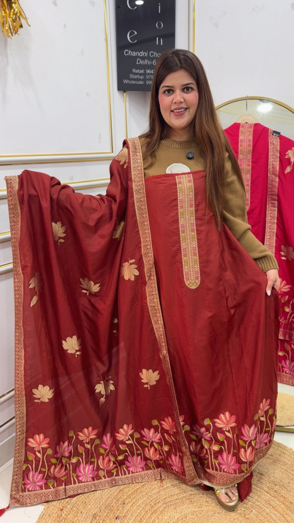 Beautiful pure soft silk suit material fully weaved work done all over suit material and dupatta perfect for partywear occasions GF 897