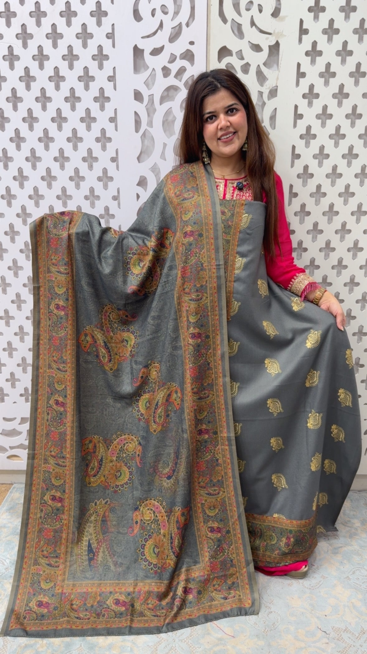 Winter special premium pashmina full embroidery suit materials with designer printed pashmina shawl along with pashmina bottom GF826