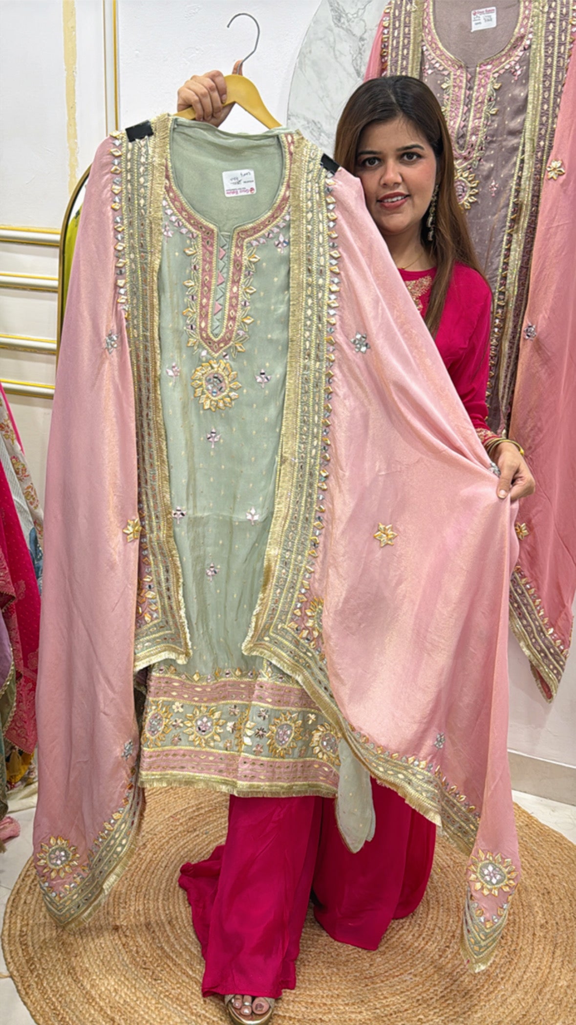 Fesitval special pure shimmer silk latest manual gota and mirror work creation suit material along with designer heavy gota dupatta GF555