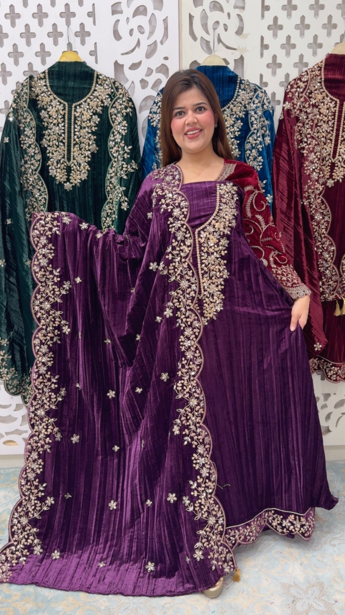 Wedding style pure premium crushed full manual doria and mirror work  velvet partywear suit material with bottom work and full work dupatta GF842