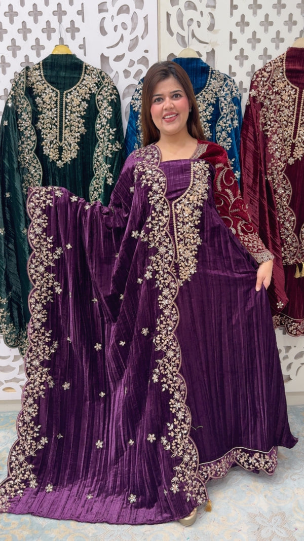 Wedding style pure premium crushed full manual doria and mirror work  velvet partywear suit material with bottom work and full work dupatta GF842