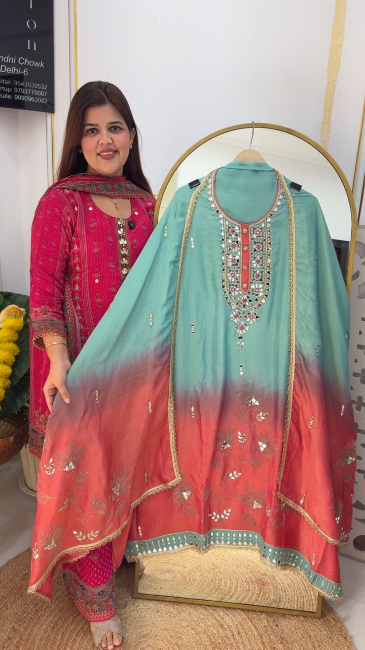 Mirror work glam premium pure shimmer silk ombre style with latest mirror work suit material along with peeta highlighted dupatta GF711