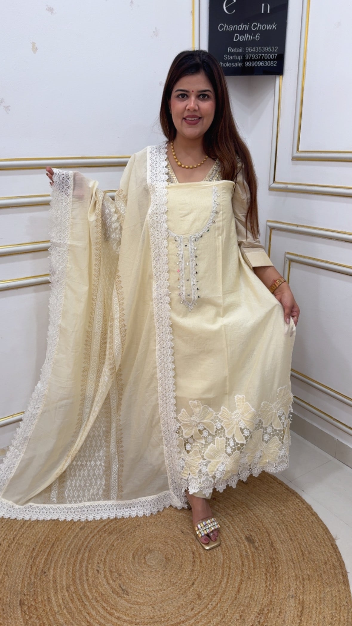 Stylist and classy super premium Mul Mul Karachi laces work suit material along with pure cotton full length printed dupatta GF1148 CREAM
