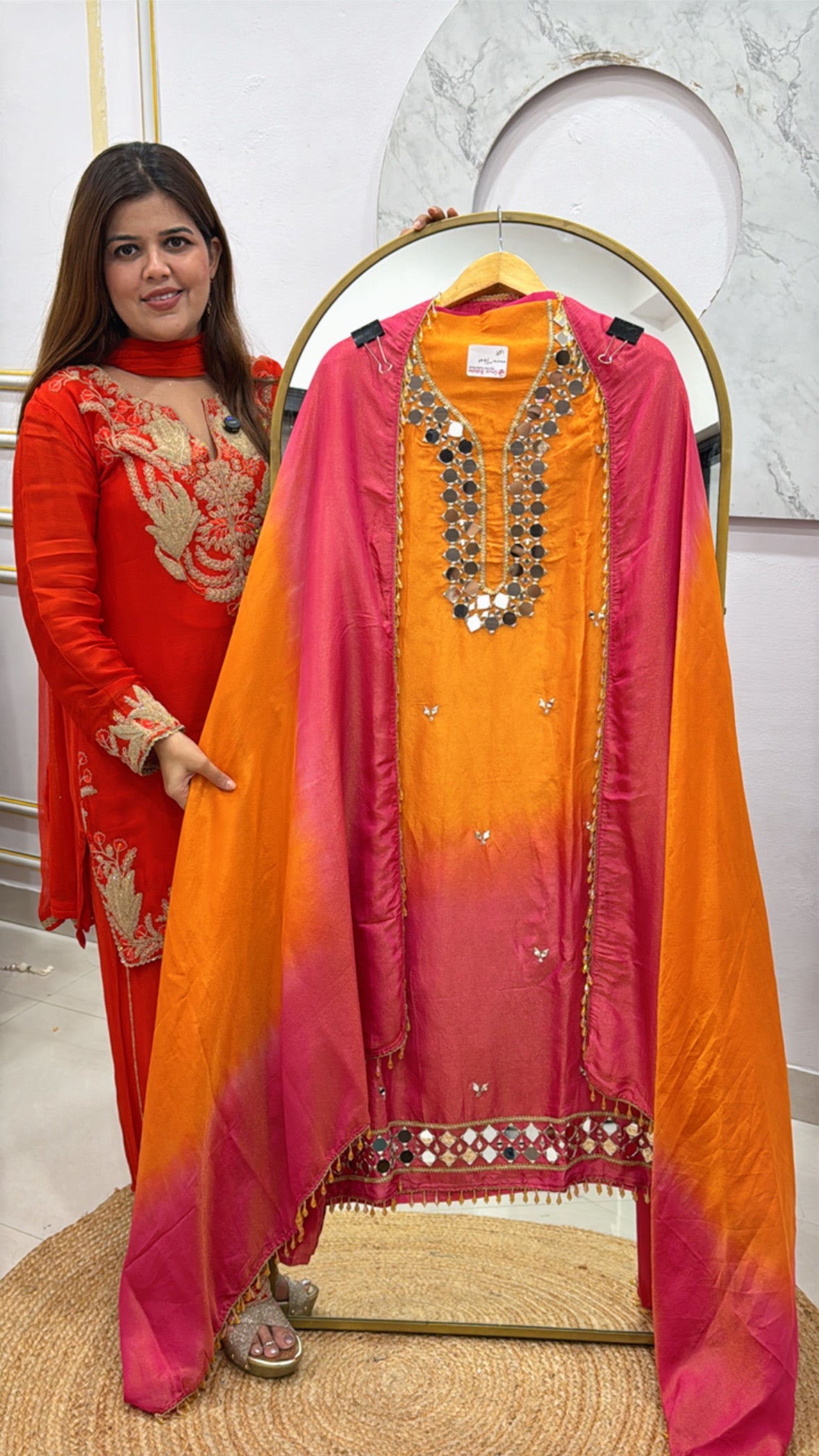 Trending and best seller mirror style shimmer silk suit material with manual mirror work all over shirt and dupatta GF496