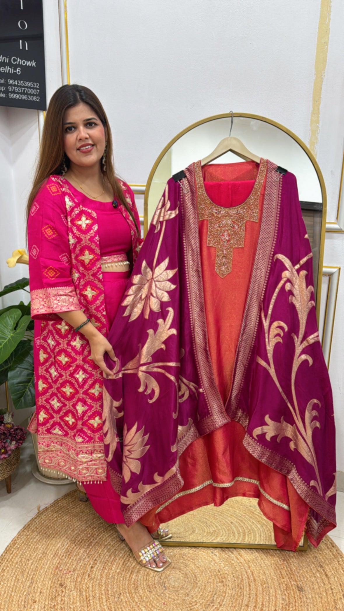 Royal and elegant pure shimmer silk suit material along with decent handwork neck with pure weaved kanjivaram banarasi dupatta GF 529