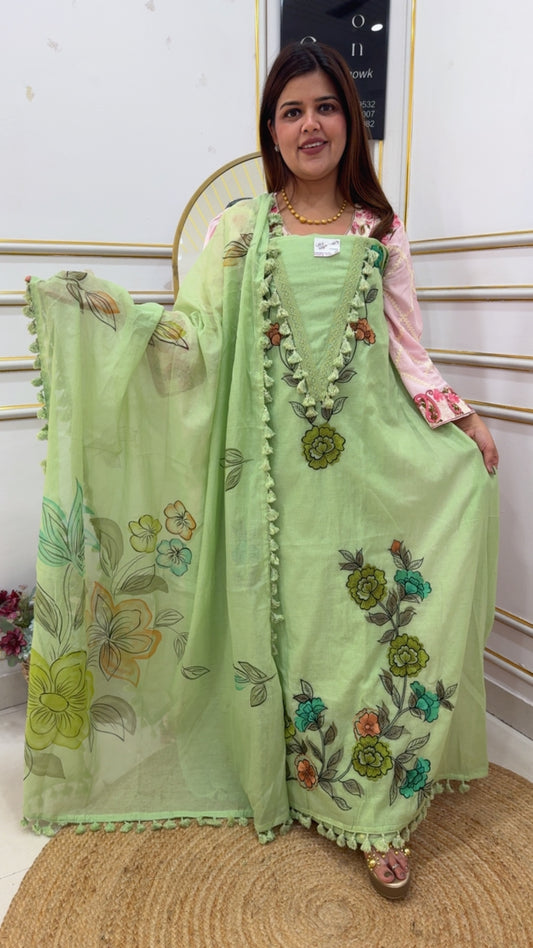Pure Mul Mul Royal applique embroidery suit material with very royal Hand painted Mul Mul dupatta GF1055 pistachio green