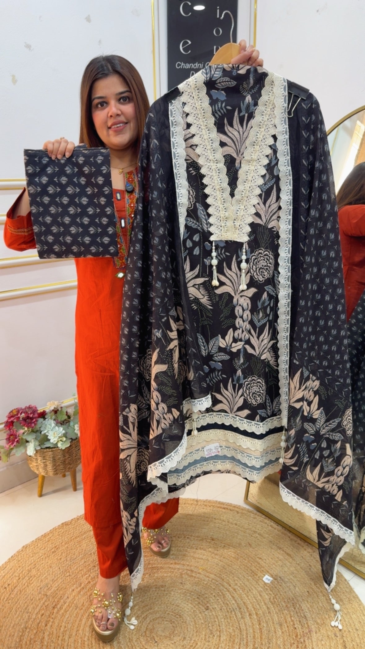 Premium and pure luxury cotton laces concept suit material along with full digital printed dupatta and printed bottom GF1084 Black