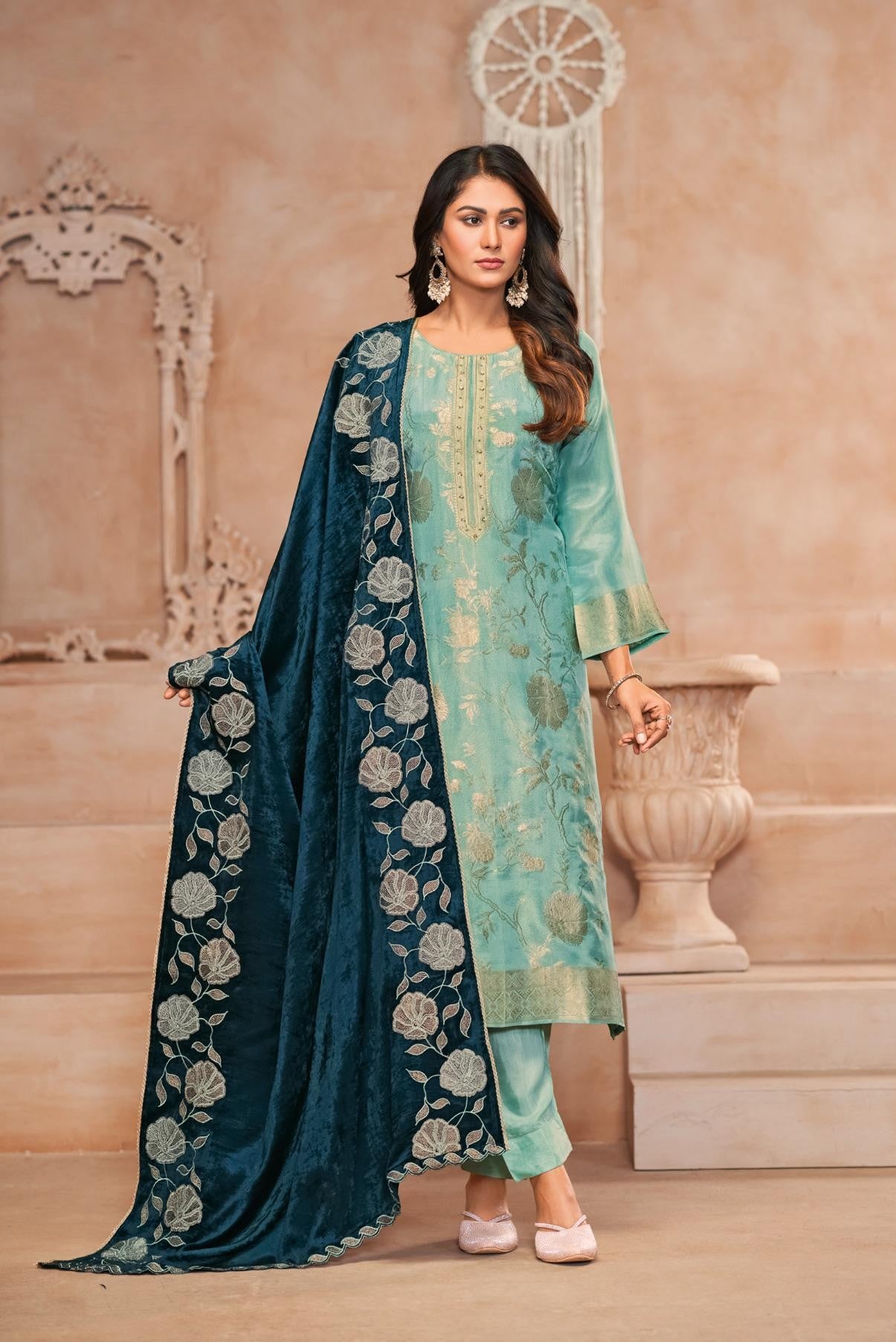 Velvet Glam pure kajivaram Full weaved suit material with silk bottom along with embroidered Velvet dupatta GF730