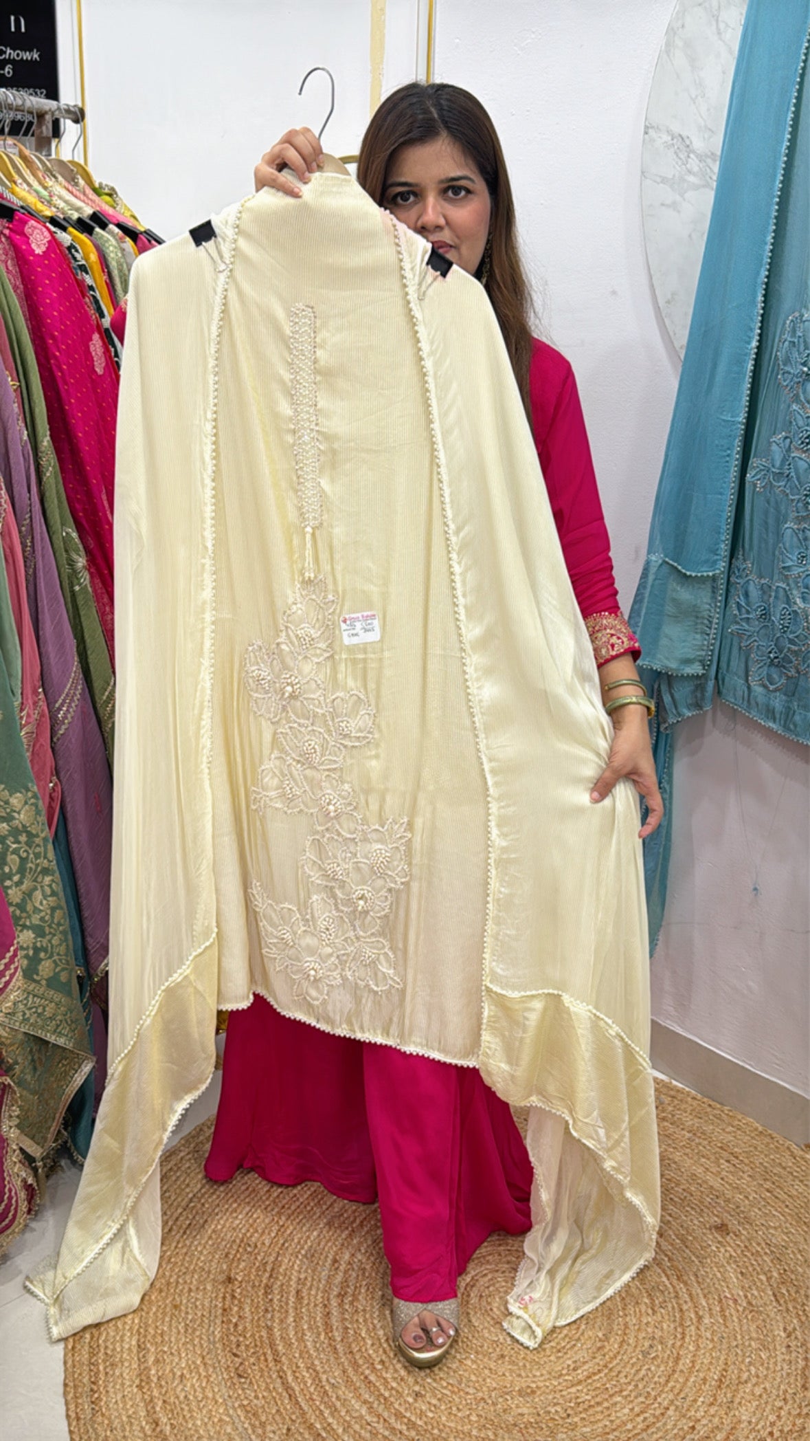 Royal pure burberry silk suit material along with designer 3d pearl handwork detailing with pure chiffon designer dupatta GF559