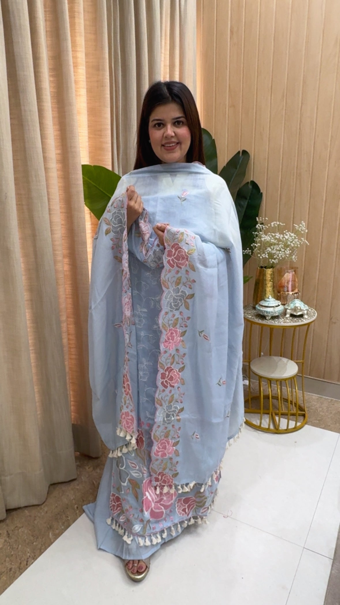 Royal and classy pure Mul Chanderi elegant suit material with classy scalped embroidered dupatta cool and stylish GF1170 Mist Blue