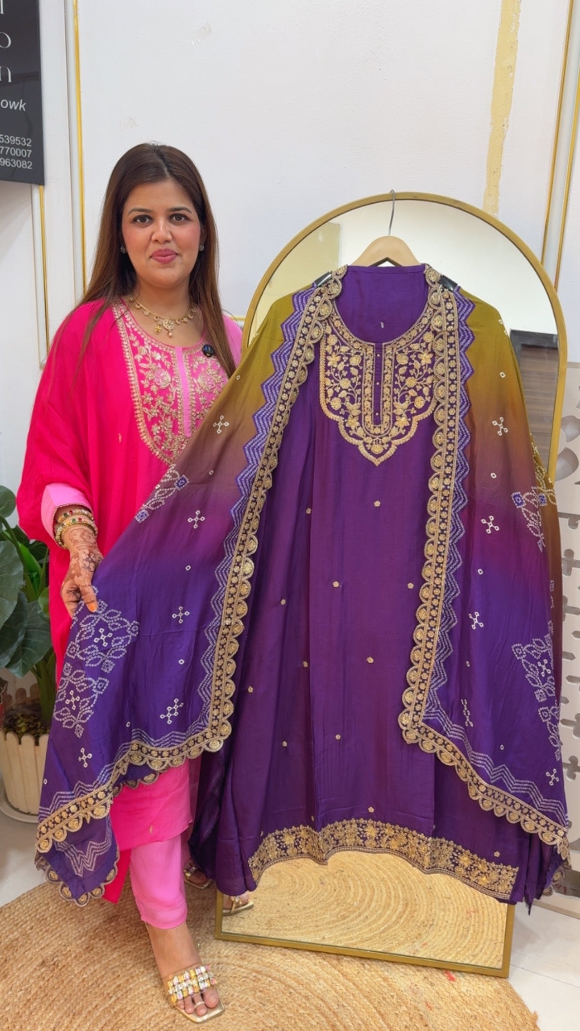 Premium pure partywear wedding style  jardosi neck sulk suit material work with bandhani printed full jardosi border dupatta GF 748