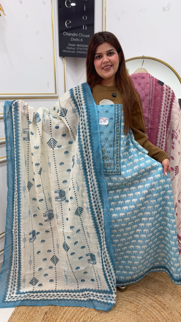 Pure and super soft printed linen suit material along with neck embellishments and beautiful printed linen dupatta perfect for casual fit GF 895