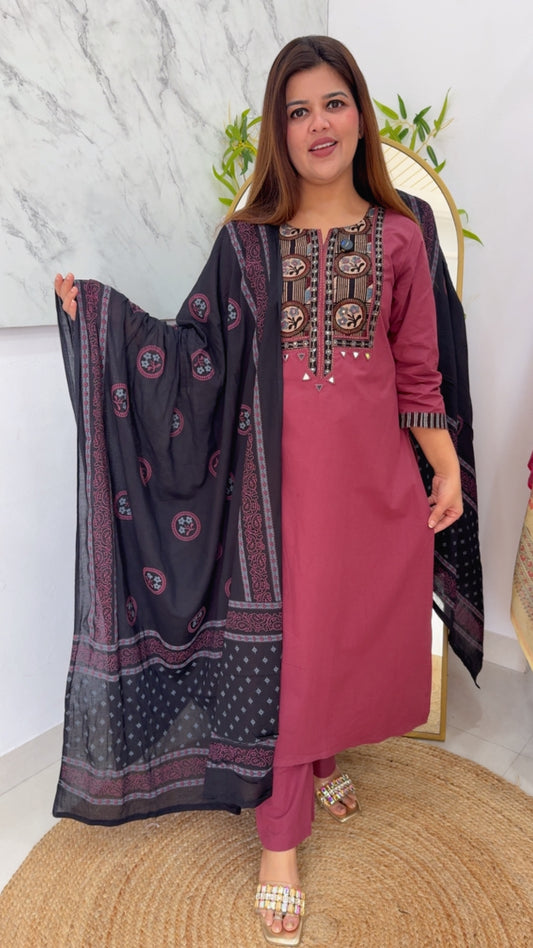 Ready to wear plum color casually fit Baku cotton full applique work neck detailing with pure cotton dupatta well stitched stylish suit GF967