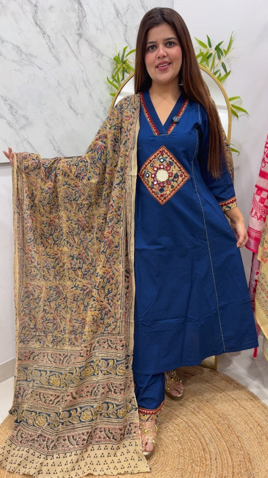 Ready to wear pure Baku cotton V neck detailing with applique work and pure cotton dupatta perfect for casual fit  GF966