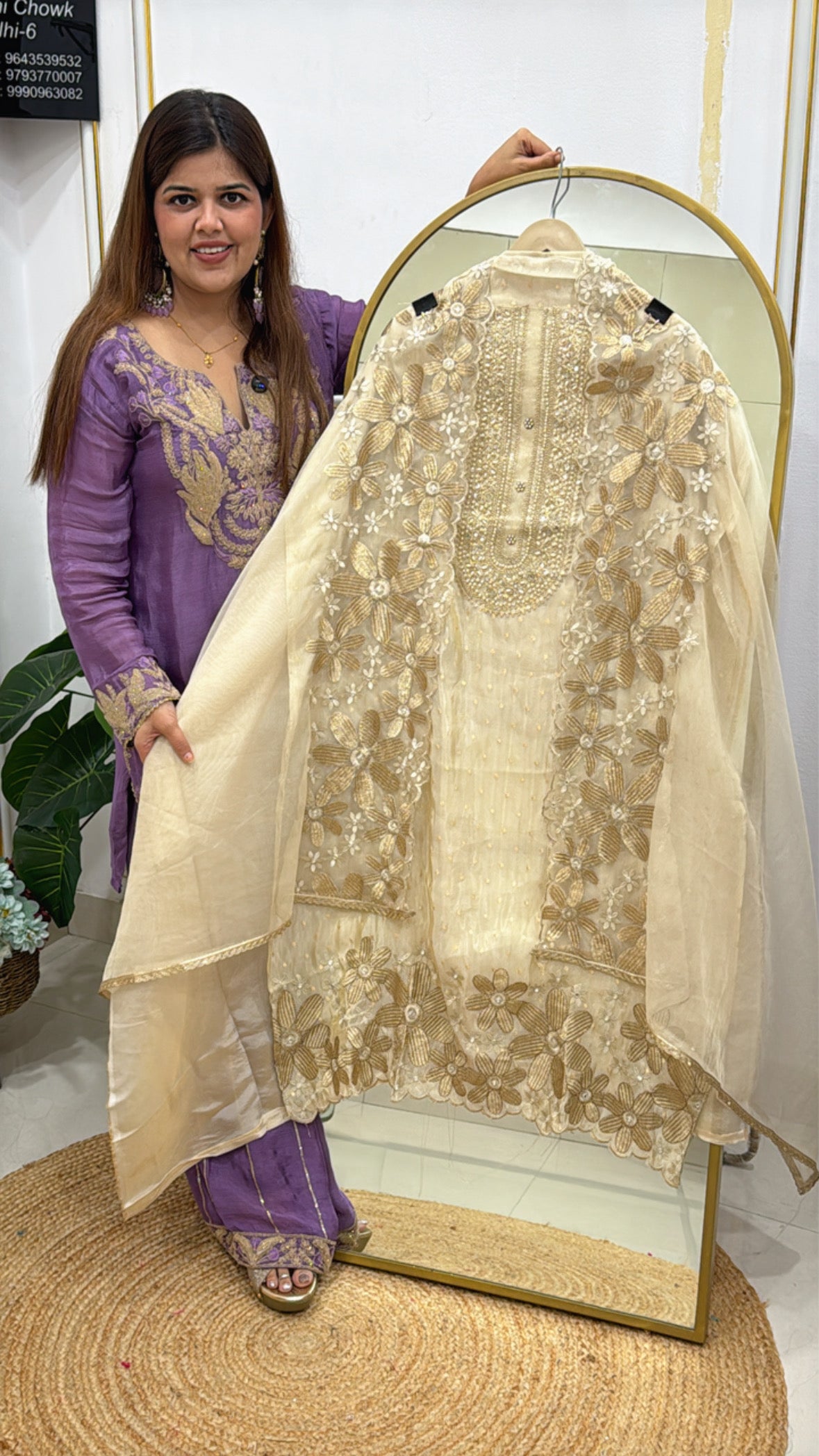 Designer semi partywear looking pure silk shirt material along with pearl mirror handwork neck with designer scalped organza dupatta GF 551