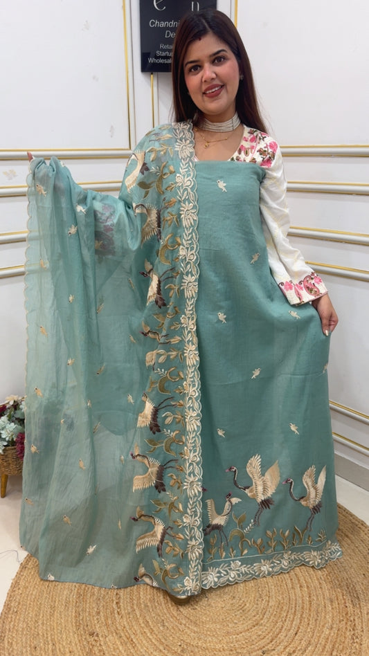 Latest Designer pure Mul Mul flamingo embroidery royal summer friendly suit material GF1091 TEAL