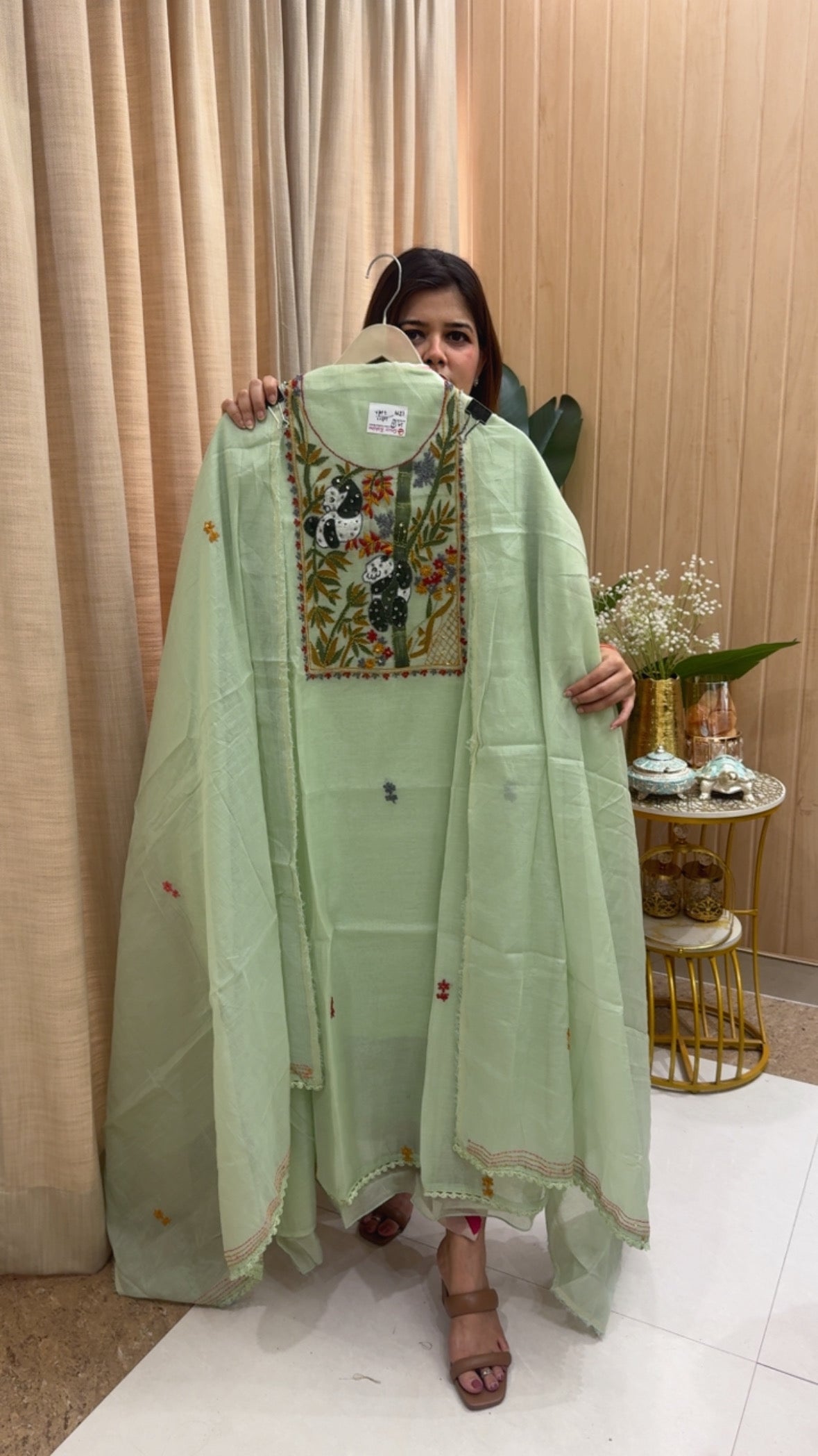 Ultra premium pure Mul Mul super unique panda hand embroidery detailing along with Kantha hand embroidery designer suit material with pure Mul Mul dupatta GF1194