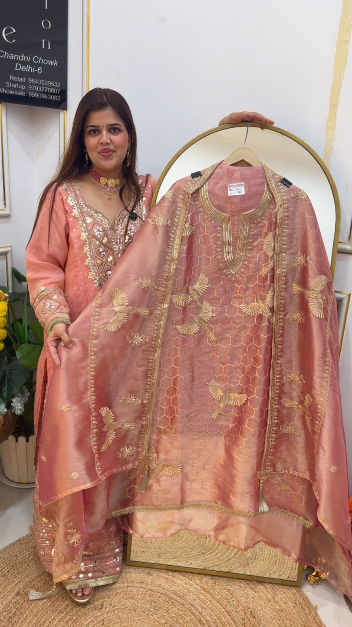 Embroidered premium shimmer tissue silk latest suit material with flamingo embroidery dupatta GF691