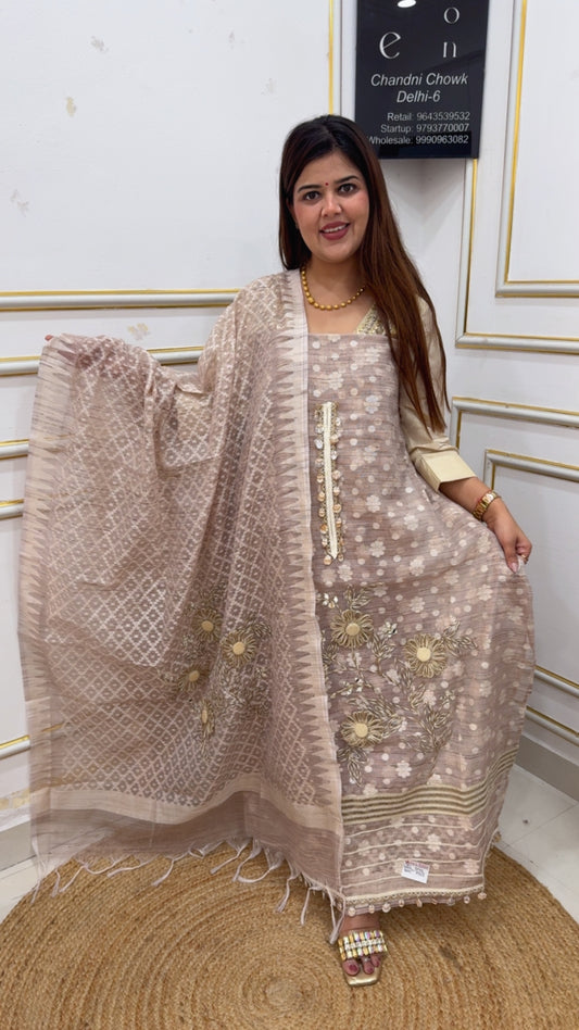 Unique and stylish pure Moonga silk weaved handcrafted Dori work suit material along Dori work dupatta GF1147 Mushroom Beige