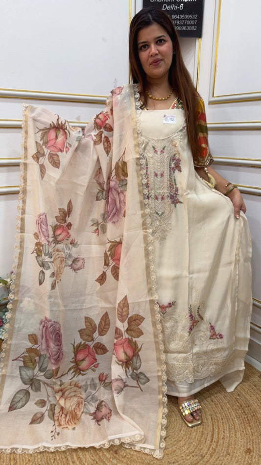 Beautiful pure cotton Shiffli neck work detailing classy suit material with digital printed pretty dupatta GF1044 IVORY WHITE