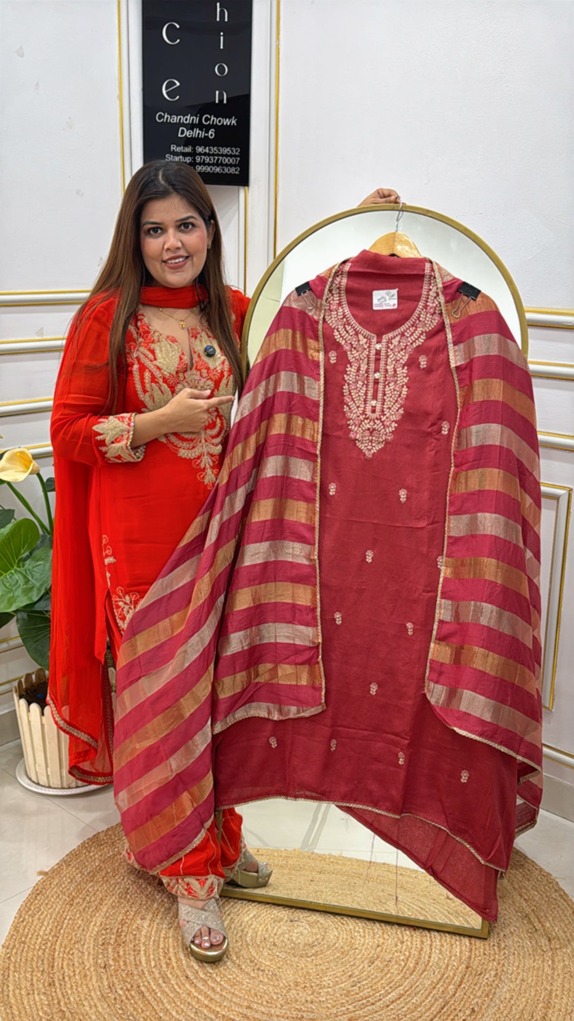 Semi partywear raw modal silk shirt with embroidered neck along with designer shimmer silk dupatta GF505